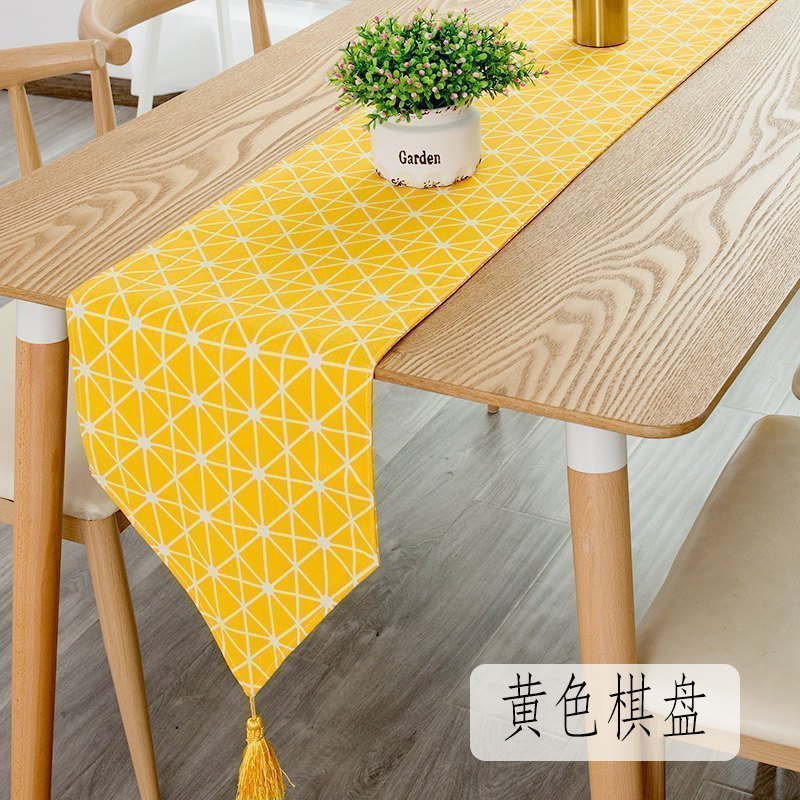 北欧桌旗 棉麻家用桌布电视柜长桌旗欧式茶几现代简约 黄色棋盘 30*160cm(适合100-120cm左右桌子茶几柜子)