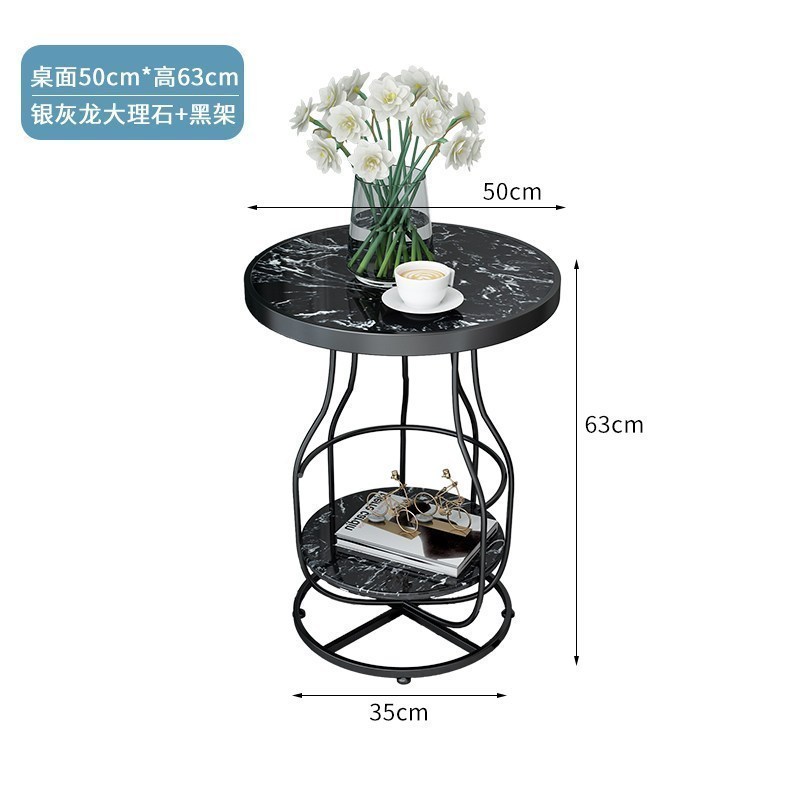 森美人北欧轻奢大理石边几现代简约客厅沙发角几圆桌子意式铁艺小茶几 银灰龙大理石+哑光黑色