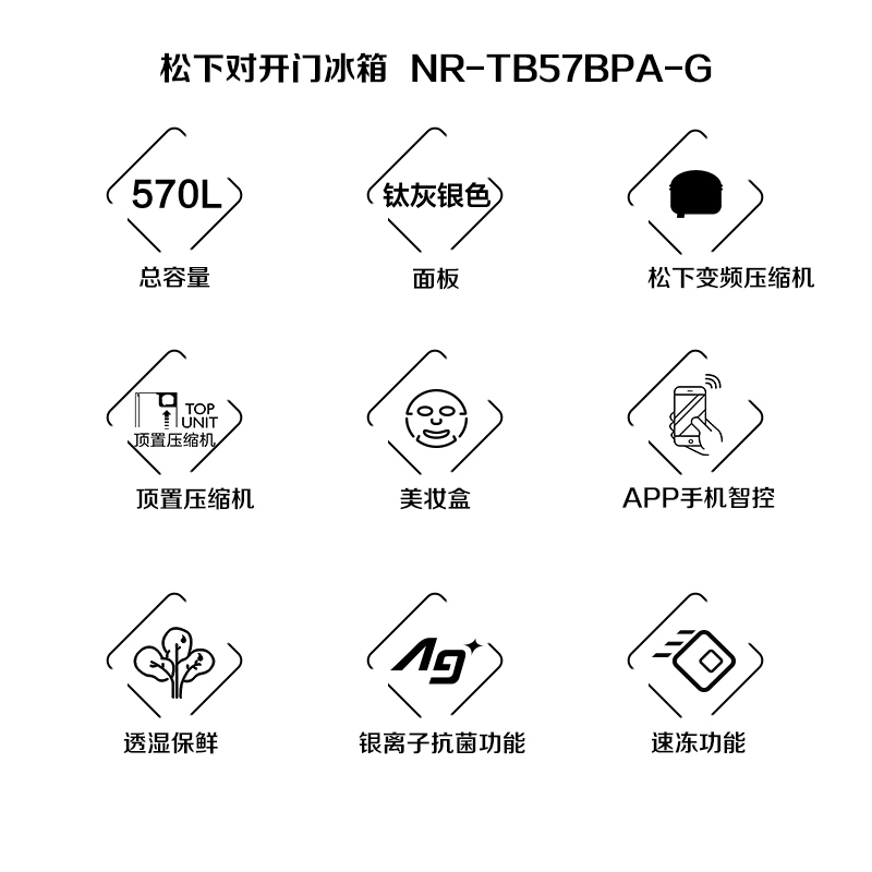 松下(Panasonic) 570升 超薄可嵌入大容量冰箱风冷无霜 智能WIFI 银离子抗菌 NR-TB57BXA-G