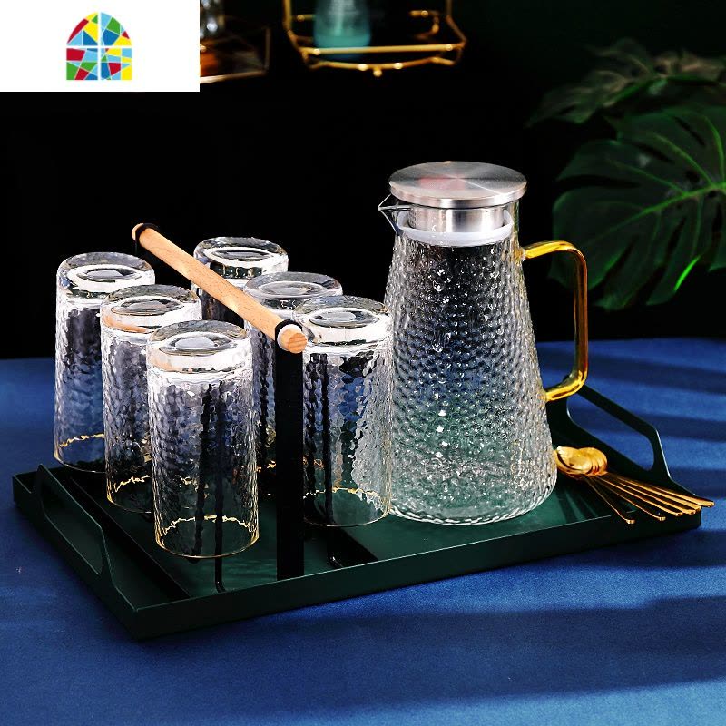 封后北欧风冷水壶家用玻璃凉白开水壶凉水杯套装创意耐热高温水壶客厅 FENG 1壶方柄+6锤纹矮杯+金6杯架+墨绿大凉水壶图片