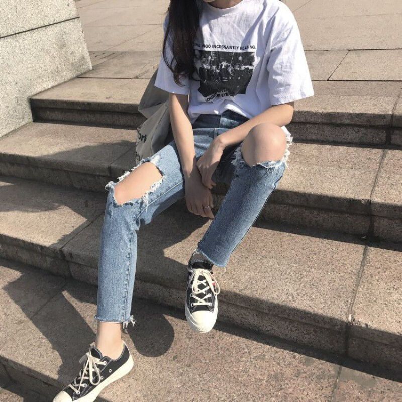 秋韩版宽松做旧边破洞九分直筒裤脚长裤高腰仔裤图片