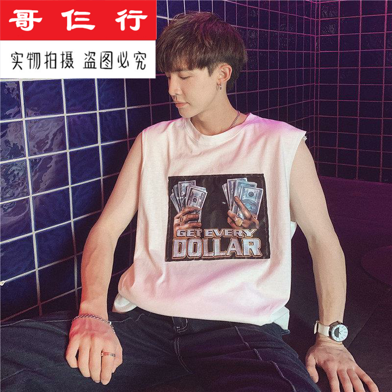港风夏季宽松印花无袖背心T恤男学生嘻哈潮流健身运动坎肩上衣潮