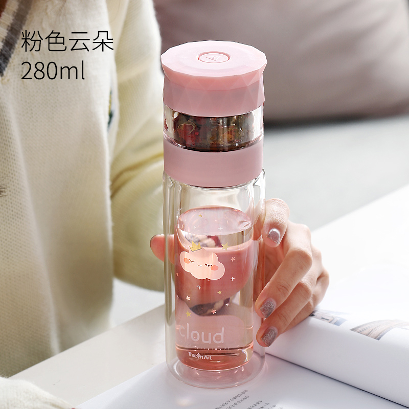 家柏饰(CORATED)双层茶水分离玻璃杯女便携茶叶泡茶杯水杯好看的杯子 粉色猪猪-280ml+杯套高清大图