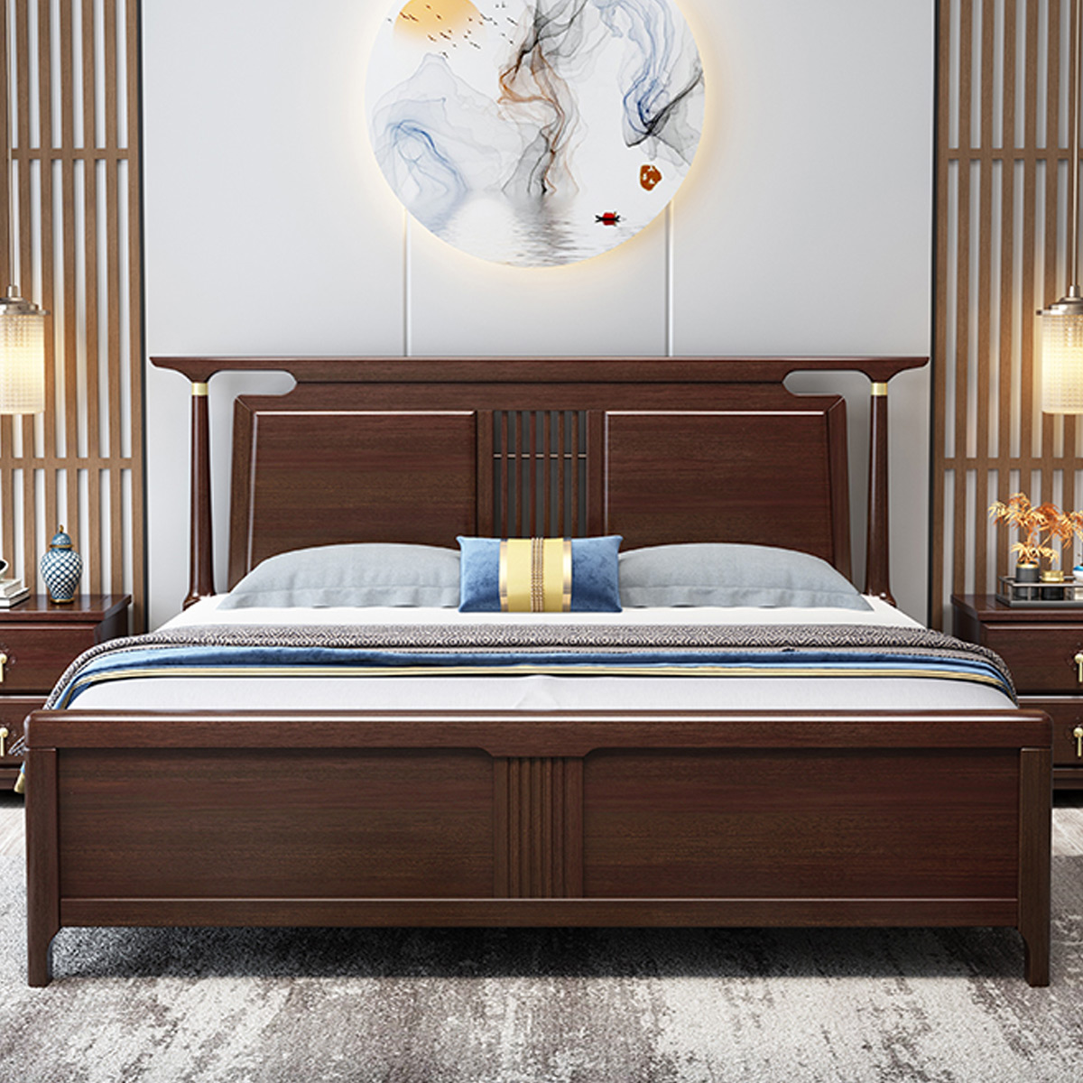 采百木caibaimu新中式实木床紫金丝檀木主卧室红木家具18米结婚大床小