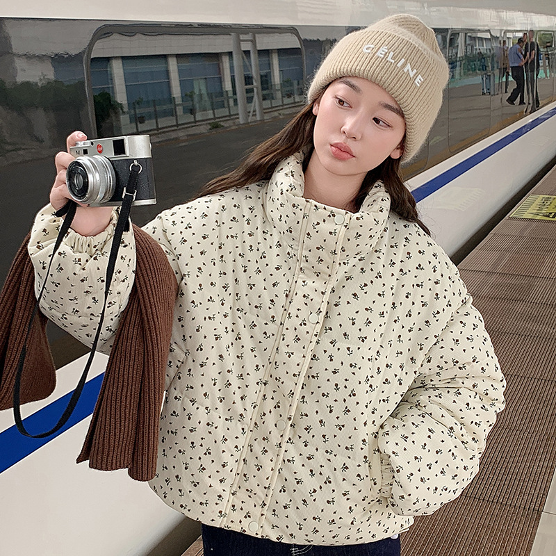 灯芯绒碎花短款棉服女2024新款立领面包服韩系时尚百搭厚棉袄外套 白色 L