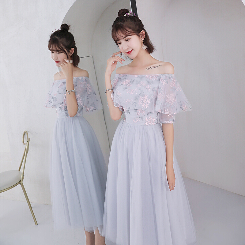 伴娘服中长款女2018新款夏韩版灰色伴娘裙子晚礼服姐妹团显瘦婚礼