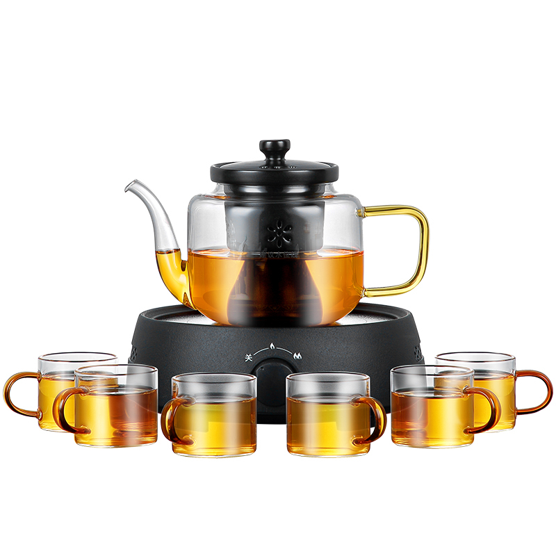 普洱煮茶器电热泡茶壶小型煮茶炉茶具烧水壶套装家用玻璃蒸茶器 圆融电陶炉(黑)+观语壶+白把6杯