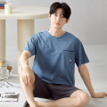 男士棉质睡衣薄款夏天短袖短裤圆领套装简约休闲学生可外穿家居服 男XL B57051