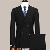双排扣开叉套装西服男士商务西装韩版修身正装婚礼结婚西服套西男 165/S 黑色