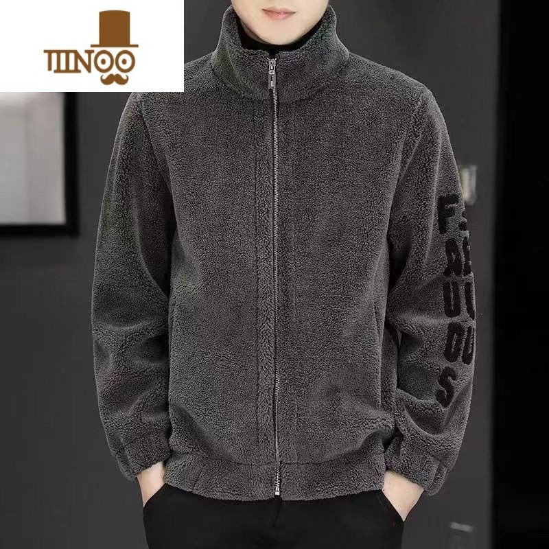 YANXU2023新款酷帅新款男士外套加厚保暖羔绒夹克一体毛呢