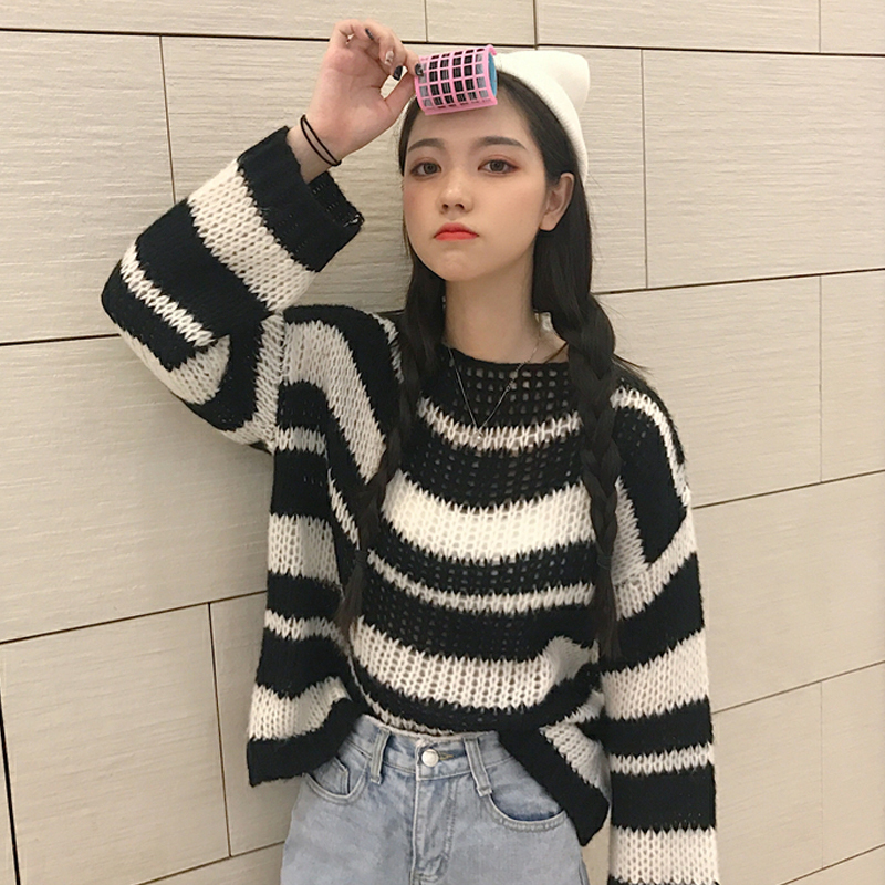 慵懒风条纹毛衣女2018秋季新款韩版宽松学生