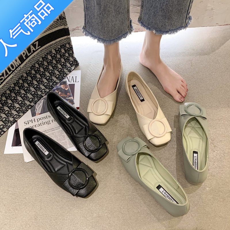 SUNTEK豆豆鞋女春季2022新款浅口方头单鞋软底百搭黑色工作鞋上班平底鞋高清大图