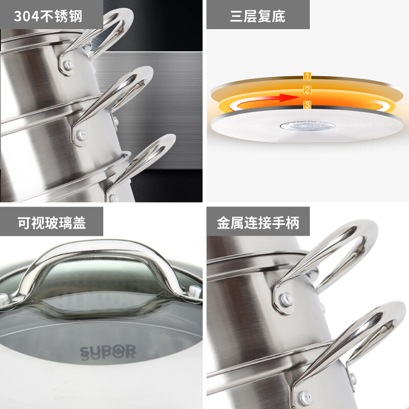 苏泊尔(SUPOR)蒸锅家用304不锈钢三层加厚26cm双层复合底煤气灶电磁炉通用