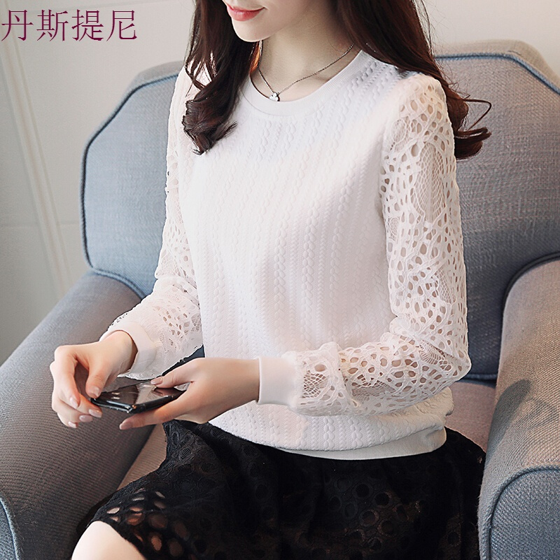 2018春装韩版蕾丝镂空打底衫女长袖雪纺上衣服时尚百搭潮白色