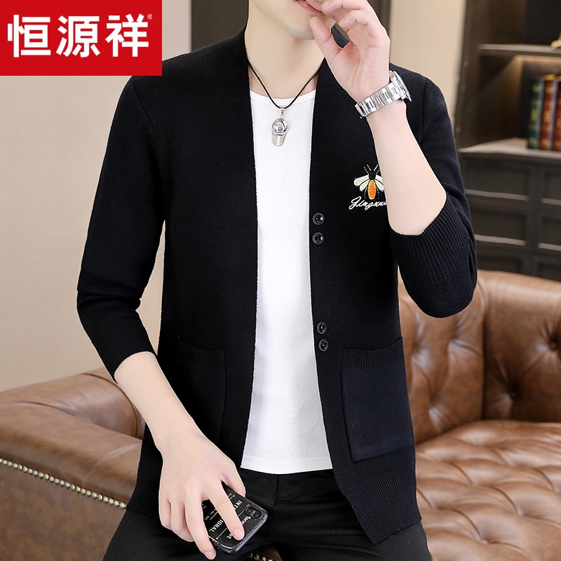 恒源祥2024新款毛衣开衫男士潮流高端休闲提花针织衫春秋V领外套 2XL(135-150斤) 黑色6816