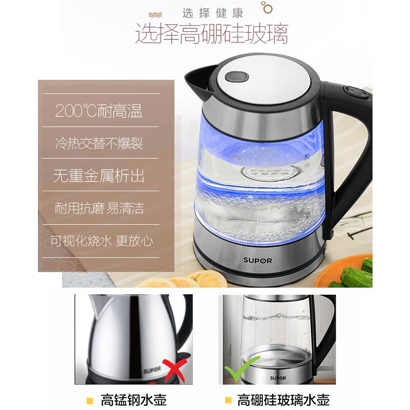 苏泊尔(SUPOR)电水壶 高硼硅玻璃电热水壶 家用烧水壶热水壶开水壶 可视化烧水品牌温控器自动断电 SWF17E26A高清大图