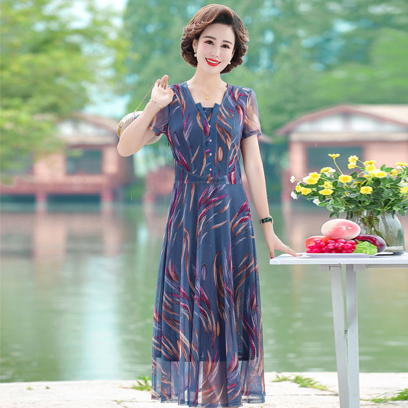 爱博尔女装妈妈洋气高贵连衣裙宽松显瘦中老年长款过膝雪纺裙夏装