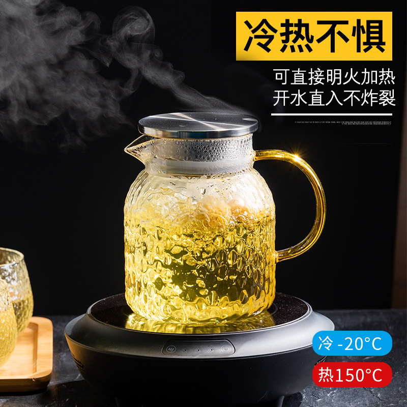 北欧玻璃冷水壶 烘焙精灵锤纹夏季家用凉白开水杯ins风凉水壶冰箱用 950ML米粒壶+2黄把锤纹杯+C托盘