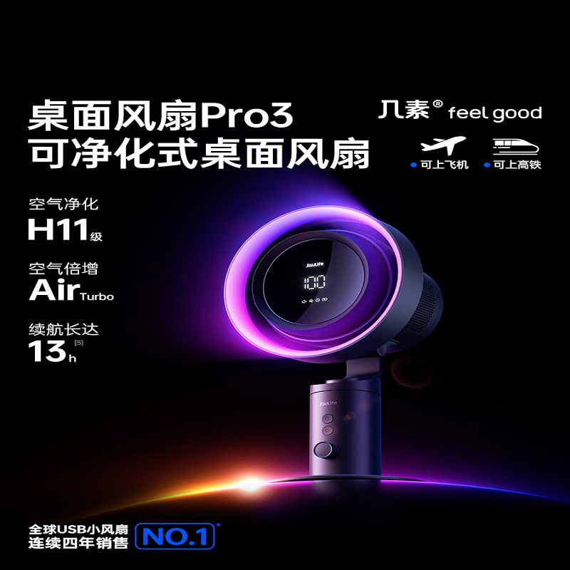 几素【H11级空气净化】桌面风扇轻音办公室小风扇桌上桌搭宿舍床上无线床头台式空气净化电风扇Pro3