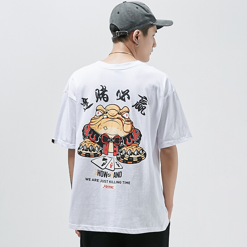 欧美街头逢赌必赢短袖男嘻哈潮流落肩宽松圆领T恤学生短tee