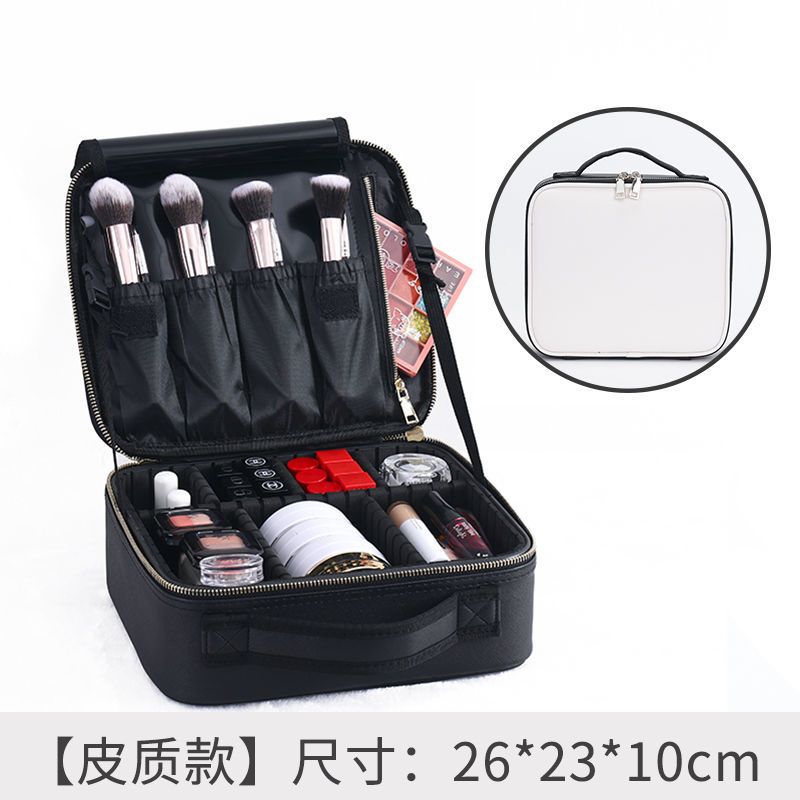 化妆包皮质大容量便携旅行手提跟妆化妆品收纳包PU皮纹绣工具箱 月光白 [小号]26*23*10cm