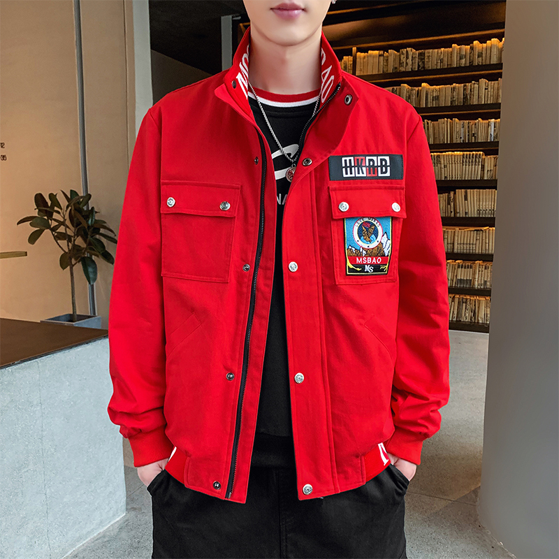 suntek微胖男士外套冬春休闲工装中国红痞帅男装青年上衣夹克帅衣服