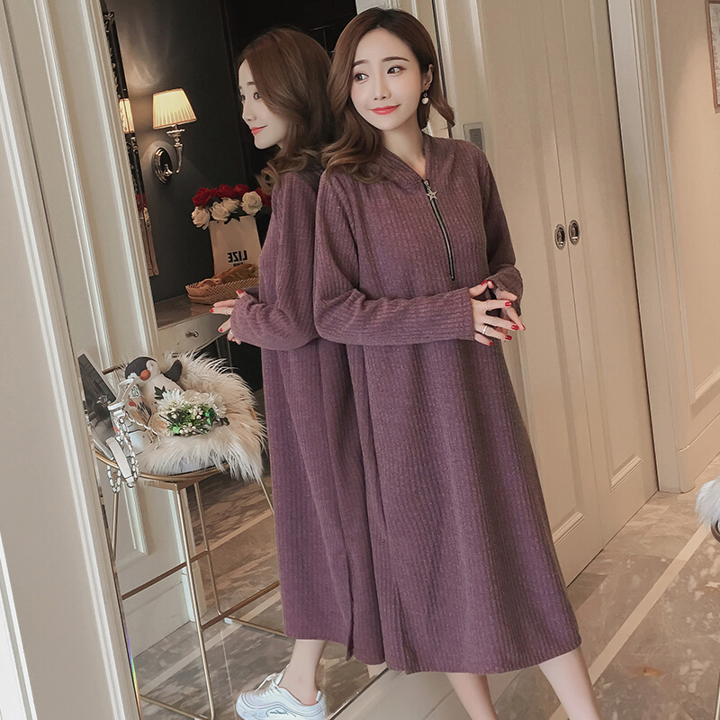 迪鲁奥(DILUAO)孕妇裙子秋季时尚宽松外出A字裙连帽中长款针织打底秋孕妇连衣裙