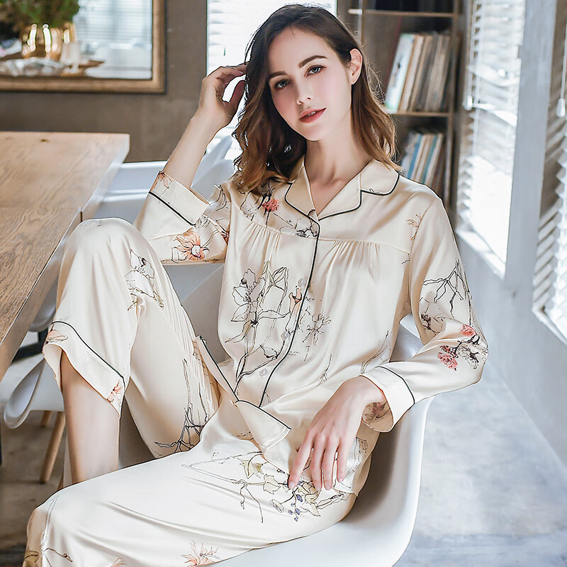 卡姿希品牌服饰重磅桑蚕丝睡衣女两件套长袖长裤春秋薄款真丝可外穿