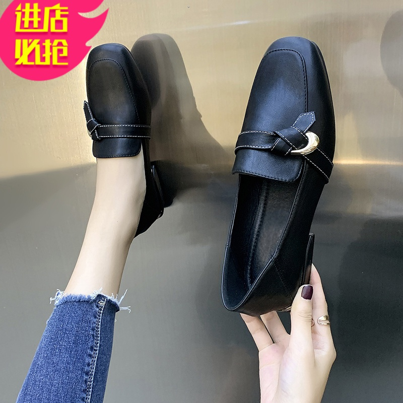 金三志小皮鞋女2021新款面试文艺通勤低帮法式设计感方头黑色职业工作鞋休闲鞋