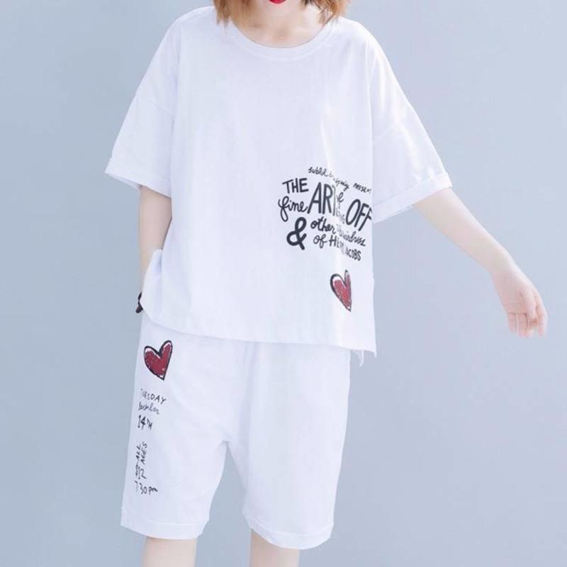 2021新款200斤夏季宽松大码胖mm破洞上衣贴布印花休闲两件套装女 白色短裤套装[优质版] M [建议80-100斤]