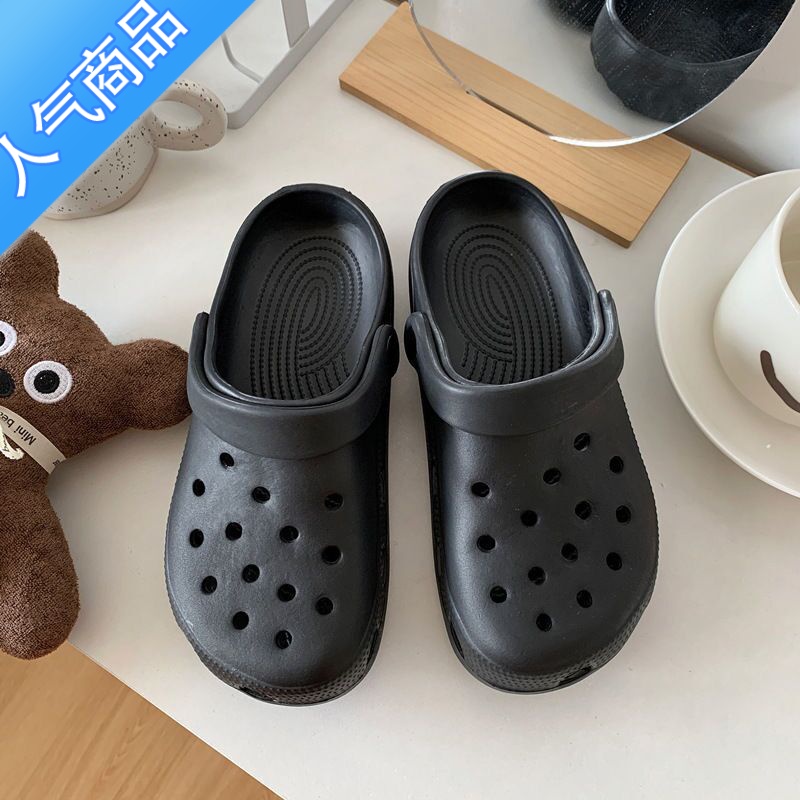 SUNTEK厚底洞洞鞋女夏季ins潮增高松糕户外防滑外穿透气踩屎感沙滩拖鞋 黑色2196洞洞鞋 40/41