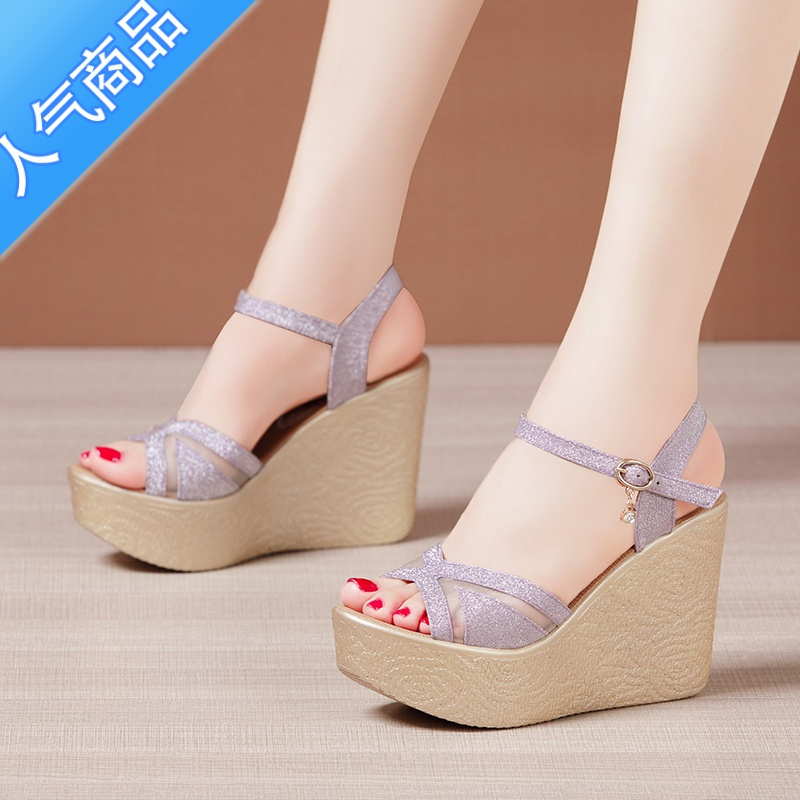 suntek11cm超高跟坡跟凉鞋女夏2023新款松糕底鱼嘴凉鞋镂空时尚鱼嘴