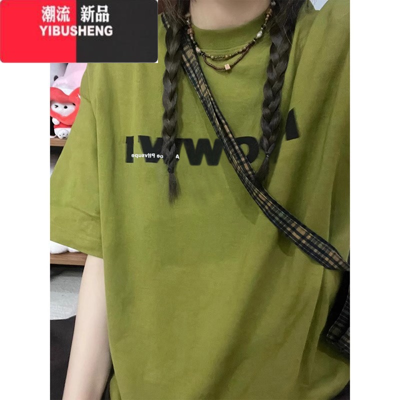 YIBUSHENG潮牌美式复古字母印花正肩短袖t恤女季设计感小众大版半袖上衣 绿色 M