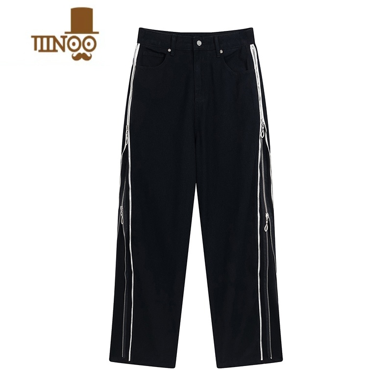 YANXU美式高街开衩休闲裤男女显瘦阔腿宽松直筒百搭侧边拼接拉女侧显链高清大图