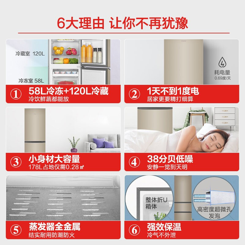 海尔(Haier)178升双门两门家用冰箱 时尚炫金 租房神器 直冷 电冰箱 小冰箱BCD-178TMPT