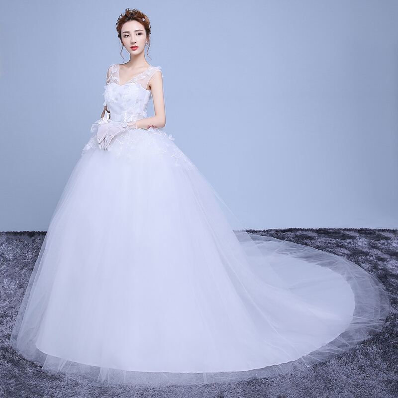 婚纱礼服新款2018时尚结婚V领双肩齐地孕妇韩式婚纱长拖尾大码春