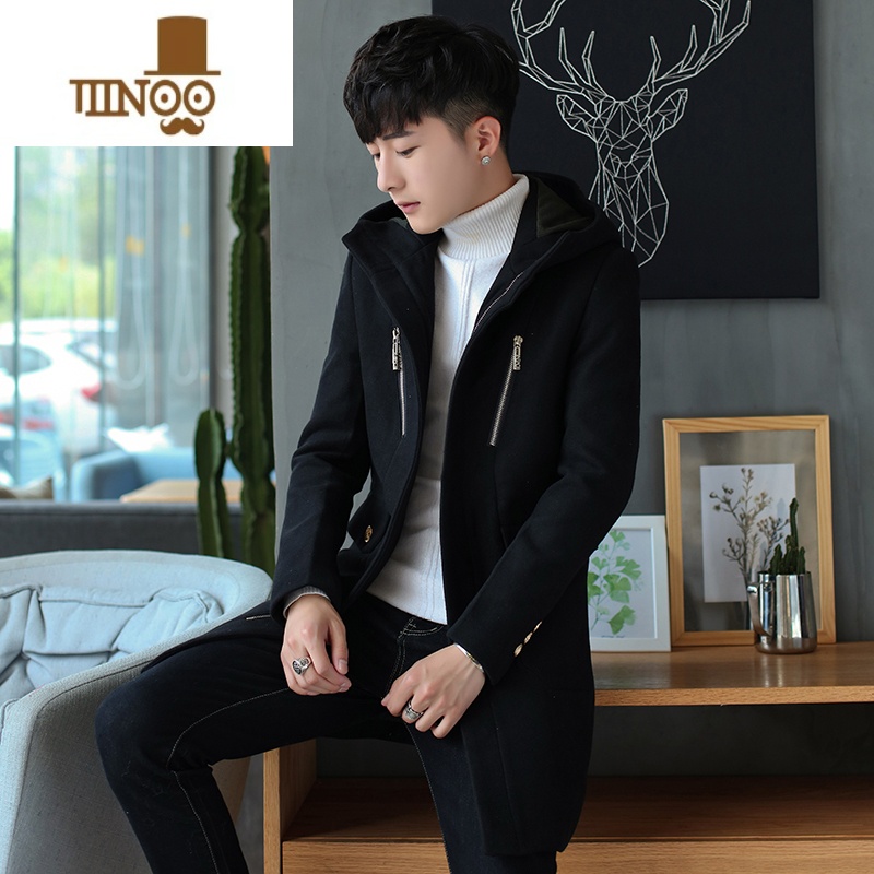 YANXU风衣男中长款呢子大衣韩版帅气毛呢冬季潮流呢子男装冬装外套高清大图