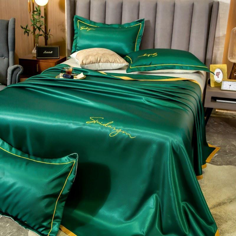 家柏饰(CORATED)夏天冰丝凉席1.8m床单三件套可水洗机洗折叠夏季1.5米空调软席子 金奇达-600D冰丝凉席(深墨绿)床单款 1.35m（4.5英尺）床