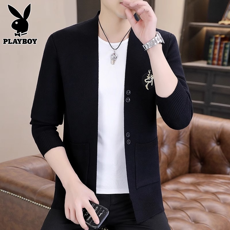 花花公子开襟羊毛衫男式羊毛衫夹克衫2025春秋季新款时尚休闲男式羊毛襟高清大图