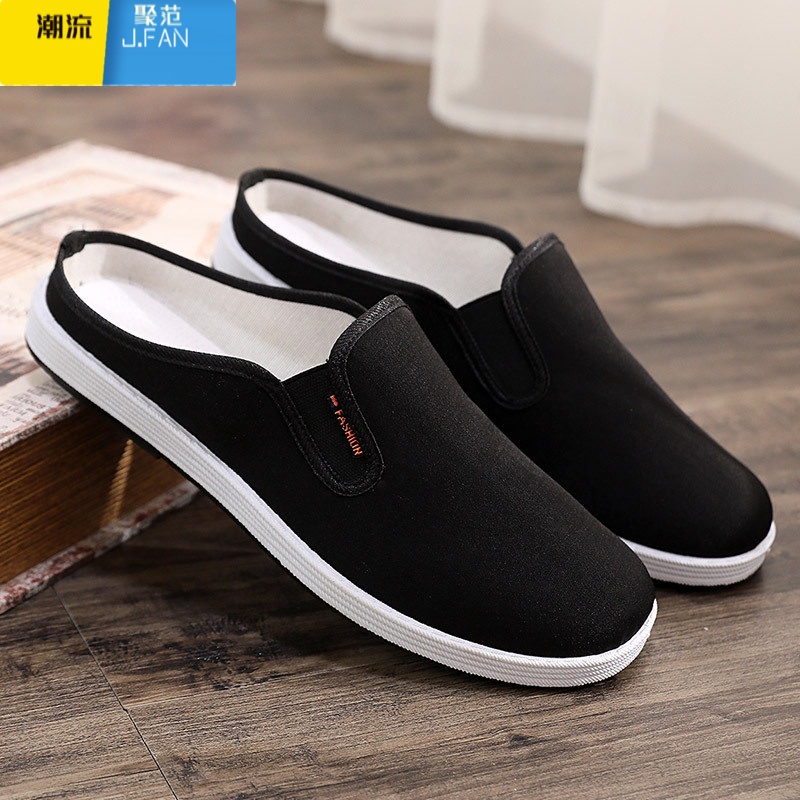 聚范夏季老北京布拖鞋厚底男休闲透气百搭板鞋一脚蹬无后跟半托男鞋