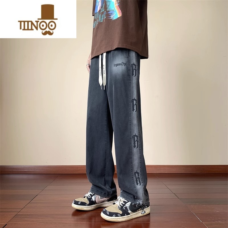 YANXU夏季薄款牛仔裤男初中高中学生宽松直筒长裤潮流大童夏天U闲中男高清大图