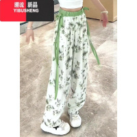 YIBUSHENG新中式国风印花冰丝阔腿裤女大码胖mm季薄款飘带高腰显瘦休闲阔 XL推荐115-130斤 5645#清新绿叶
