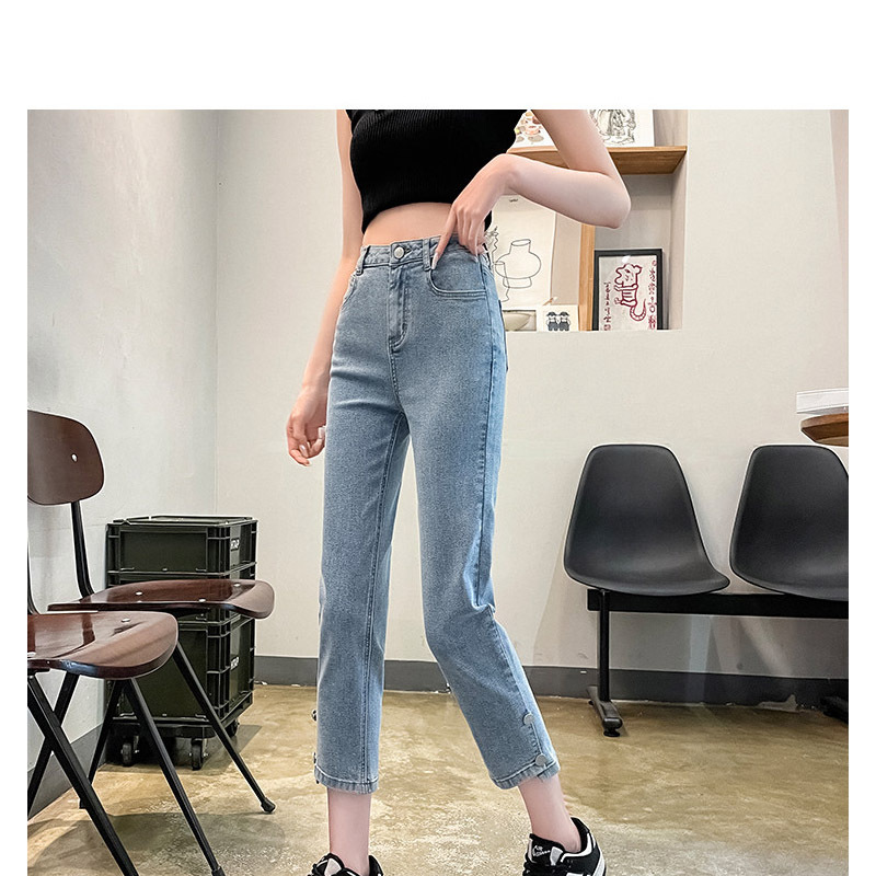 唐狮牛仔裤子女烟管裤时尚脚口不对称烟管裤九分牛仔裤休闲烟管裤女