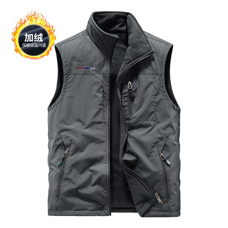 JPDUN秋冬加绒加厚男中老年户外运动马甲速干多口袋两面穿休闲跨境外套