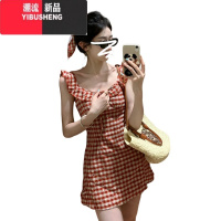 YIBUSHENG法式气质红色格子无袖连衣裙子女季2024新款小个子显瘦收腰短裙