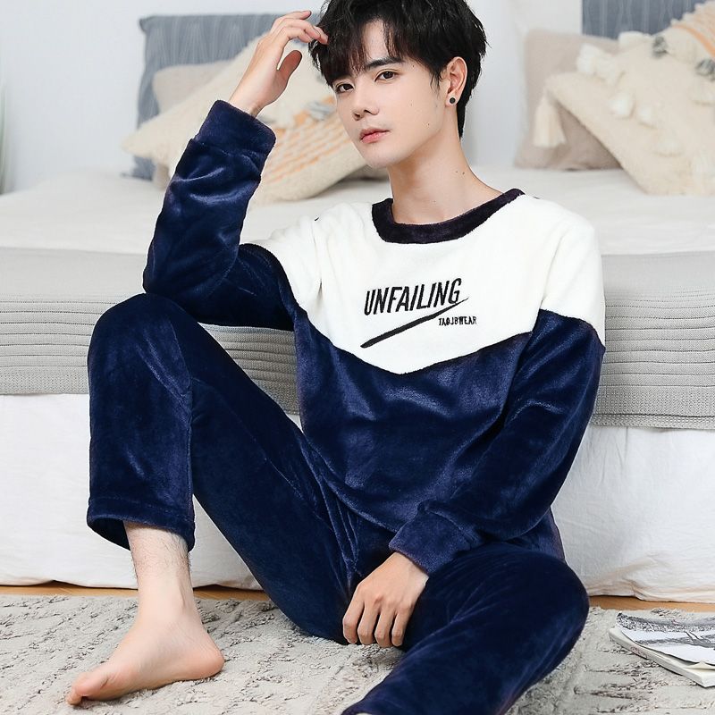 睡衣男冬季法兰绒加绒加厚高级双面绒冬款青少年男款家居服套装高清大图
