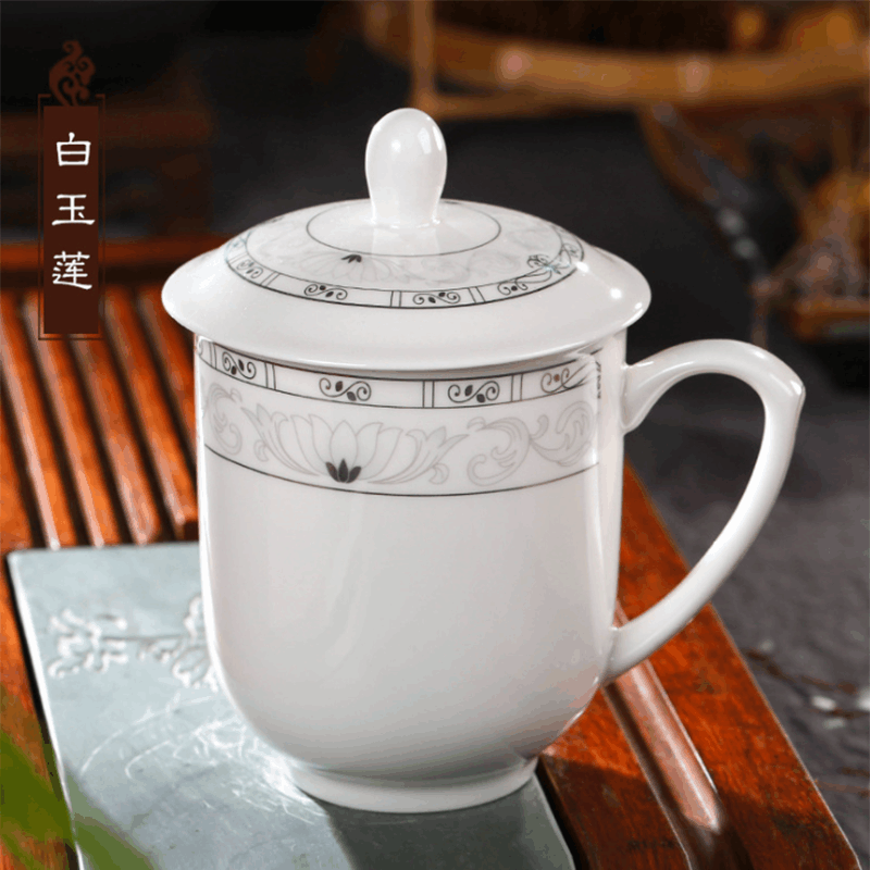 鹏博景德镇办公陶瓷杯 白玉莲 400ML 单个装 (不足10个不发货)图片