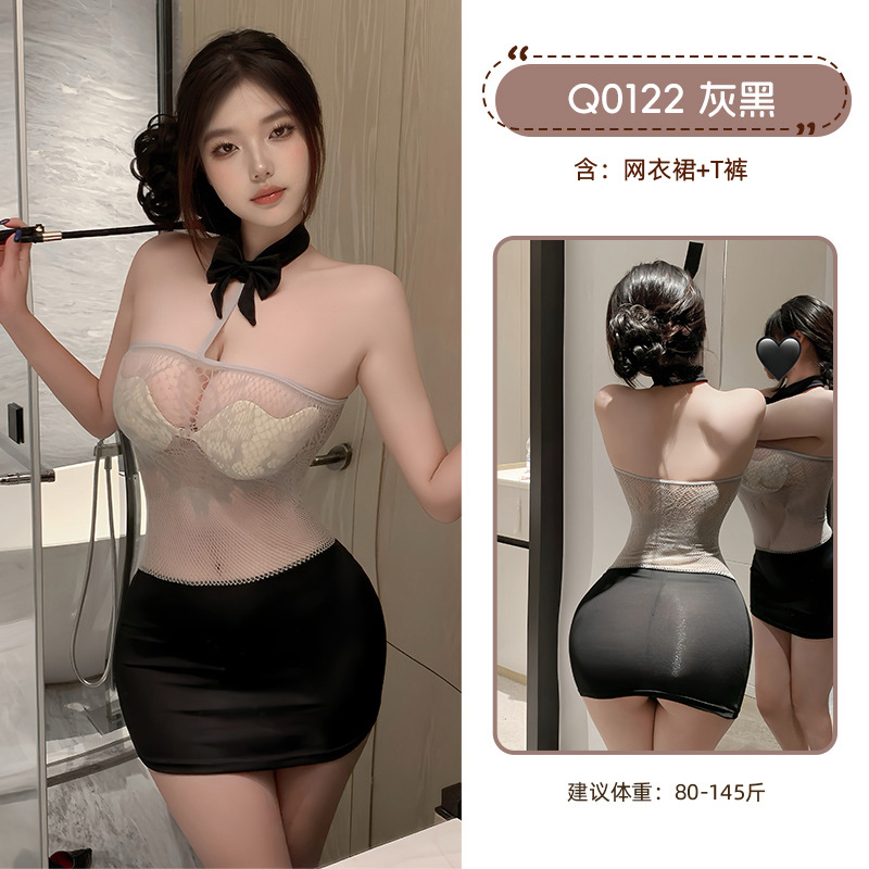 九里晴川拼色连衣裙性感风挂脖抹胸透肤蕾丝露背网纱透视情趣睡裙 九里晴川Q0122【拼接连衣裙-黑灰】 均码