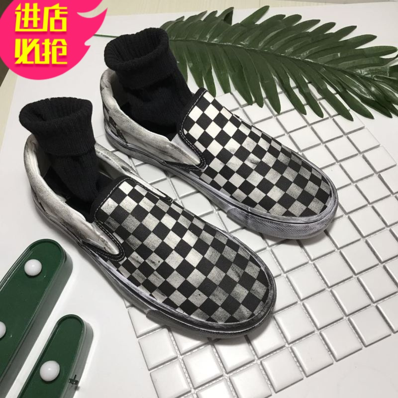 金三志韩国ins做旧格子帆布鞋原宿ulzzang一脚蹬懒人情侣鞋休闲运动鞋女帆布鞋