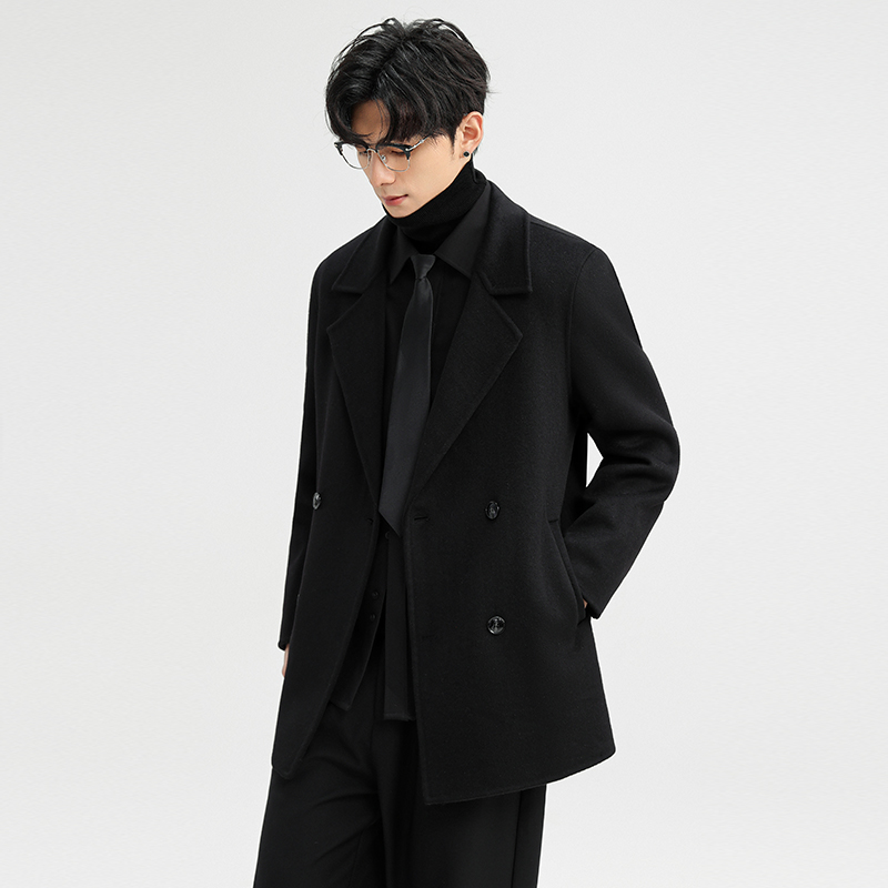 啄木鸟双面羊毛外套男冬季新款西装加厚短款风衣毛呢大衣呢子西装高清大图